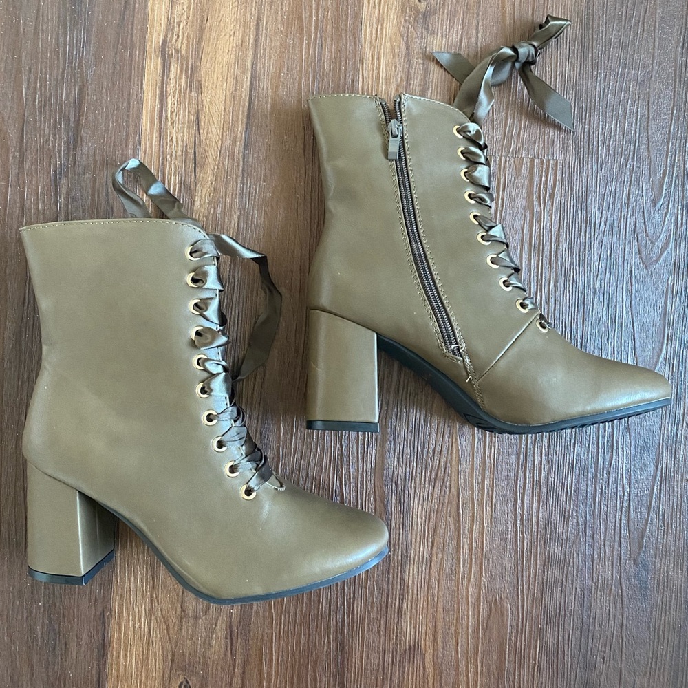 Olive brown taupe heeled lace up ankle booties